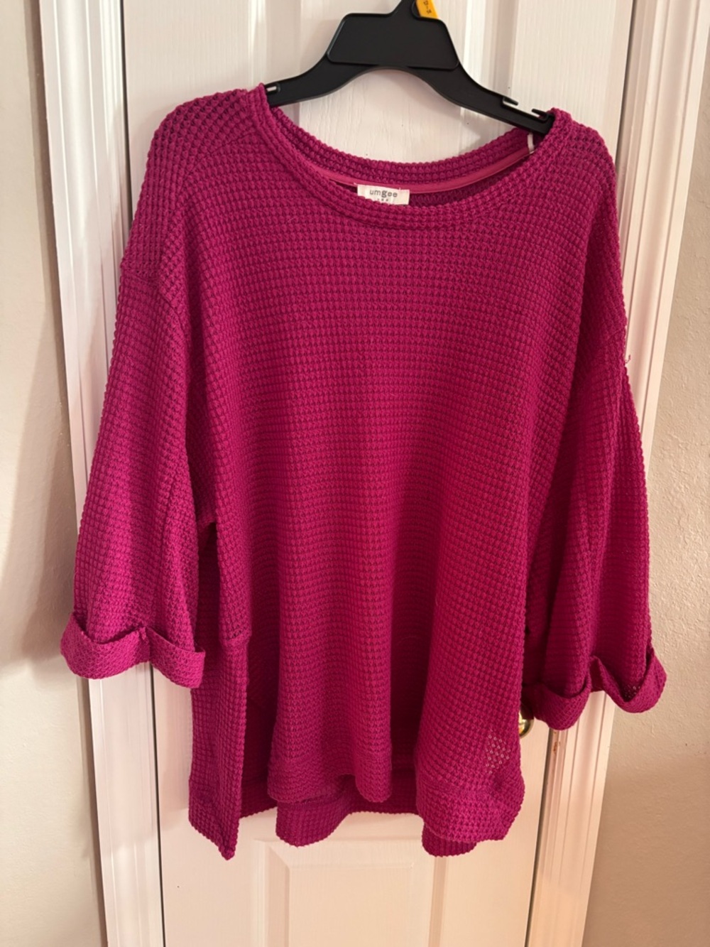 Umgee Raspberry Waffle-Knit Crewneck Sweater